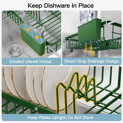 Green Dish Drying Rack Over the Sink with Utensil Holder