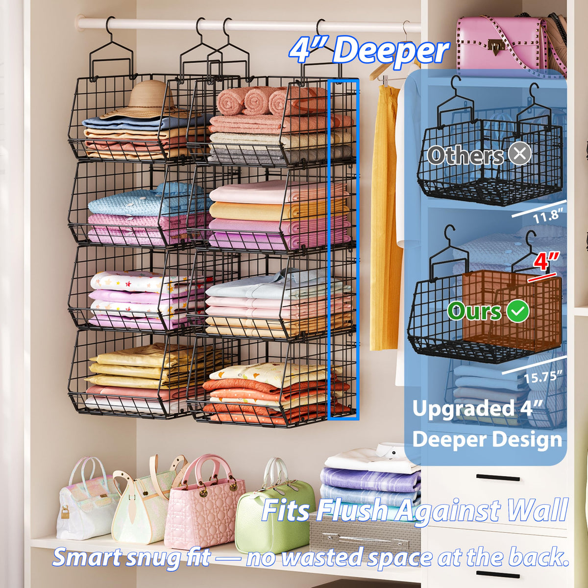 6 Tier Extended Depth Hanging Closet Organizers and Storage for Closet Organization (6 Count)