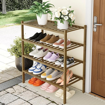 Smiry Bamboo Shoe Rack, 4 Tier Free Standing Wooden Shoe Organizer, Stackable Wood Shoe Storage Shelf for Closet, Entryway, 14 Vertical Slats, 2+2 Stack Heavy-Duty Legs, 26.8"x11"x26", Walnut