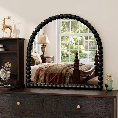 31"×32" Black Arched Bathroom Vanity Mirror, Vintage Beaded Decorative Wall Mounted Makeup Mirror, as Wall Decor Hanging Leaning for Fireplace Mantle, Living Room, Bedroom, Vanity Area
