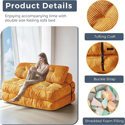 MAXYOYO Folding Sofa Bed, Convertible Chair with Pillow Foldable Couch with Back Support, Portable Fold Out Chair Bed Comfy Floor Sofa Lounge for Living Room Bedroom, Orange Double