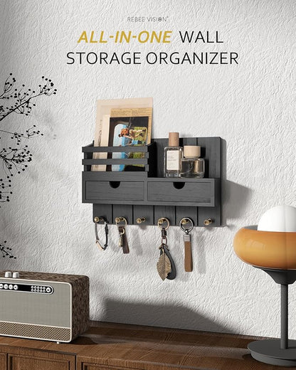 Rebee Vision Decorative Key Holder Wall Mount with 2 Drawer Organizer - Modern Mail Organizer with 6 Key Hooks & Shelf - Home Decor Aesthetic for Apartment Essentials (Black)