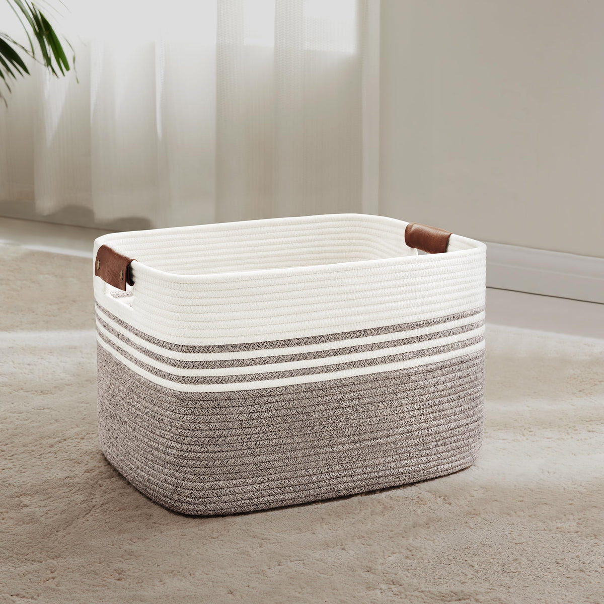 45L Woven Laundry Basket Hamper with Leather Handles