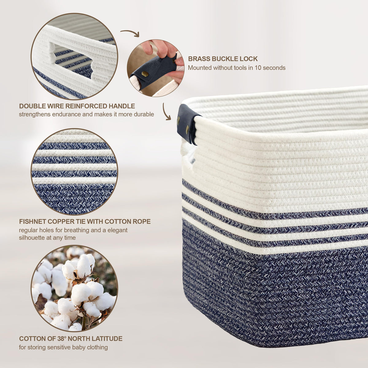45L Woven Laundry Basket Hamper with Leather Handles